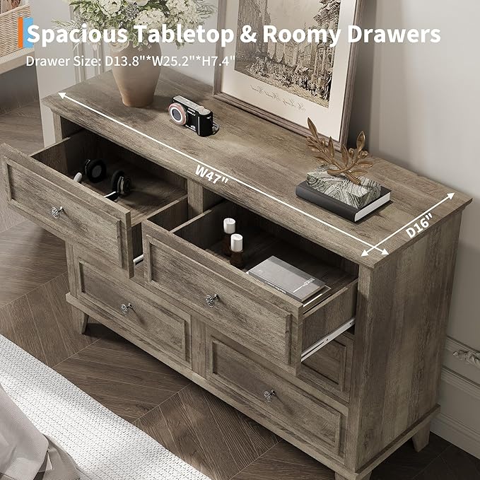 GarveeHome Farmhouse Grey Dresser for Bedroom with 6 Drawer, Double Dresser TV Stand with Vintage Handle, Wide Wood Dressers & Chests of Drawers, 6 Drawer Dressers for Bedroom, Living Room, Hallway