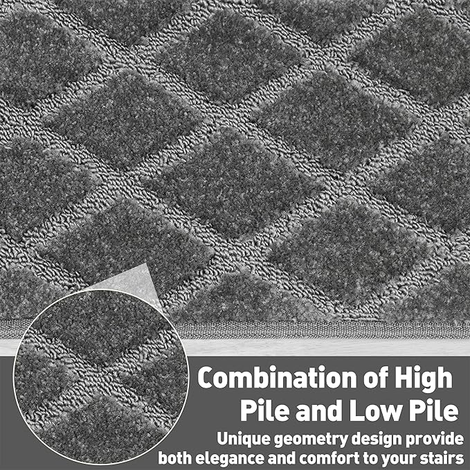 PURE ERA Bullnose Carpet Stair Treads Set Tape Free Non-Slip Indoor Stair Protectors Pet Friendly Rugs 9.5" x 30"(14 Pieces,Grey Diamond Trellis)