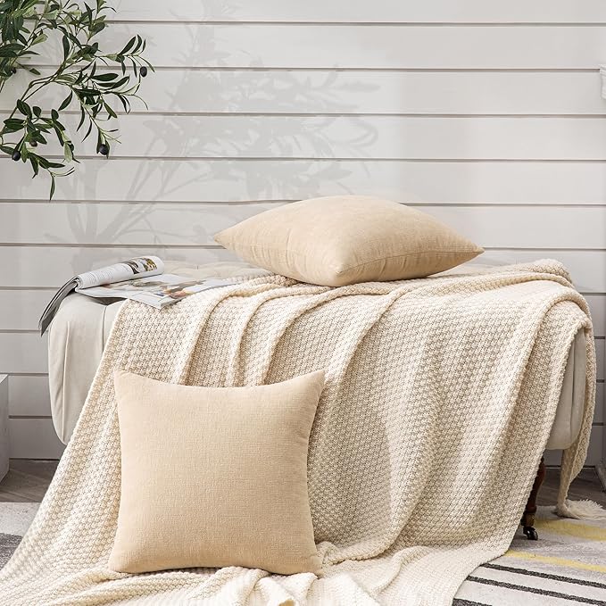 GAWAMAY Decorative Square Throw Pillow Covers 22"x22" Inch Set of 2, Super Soft Chenille Pillows Farmhouse Fall Pillowcase for Living Room Bedroom Sofa Couch Cushion Cover Beige 55x55cm (No Insert)