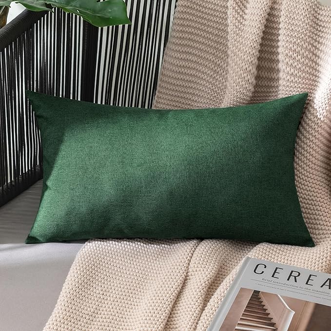 MIULEE Pack of 2 Decorative Outdoor Solid Waterproof Throw Pillow Covers Christmas Faux Linen Garden Farmhouse Cushion Cases for Patio Tent Balcony Couch Sofa 20x12 Inch Emerald Green