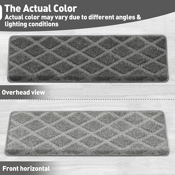 PURE ERA Bullnose Carpet Stair Treads Set Tape Free Non-Slip Indoor Stair Protectors Pet Friendly Rugs 9.5" x 30"(7 Pieces,Grey Diamond Trellis)