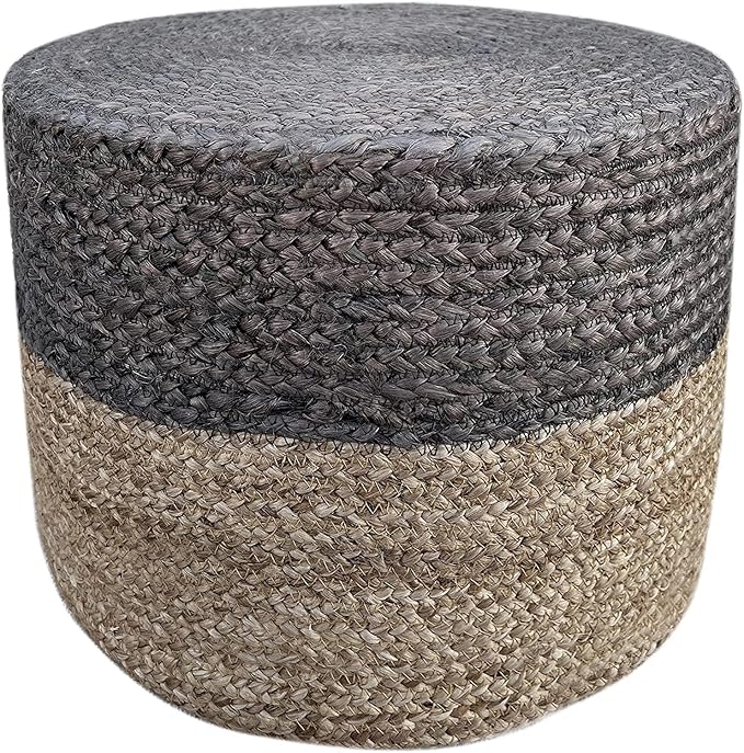 Jute Pouf Ottoman | Footrest Pouf | Hand Braided - Round Boho Pouffe - for Living Room, Bedroom, Nursery (20"x20"x10") Grey