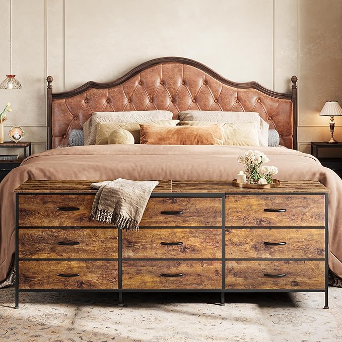 Huuger 63 Inch Dresser for Bedroom, Dresser for Closet with 9 Drawers, Large TV Stand for 55, 65, 70 Inch TV, Entertainment Center with Storage, Wide Long Chest of Drawers, Rustic Brown