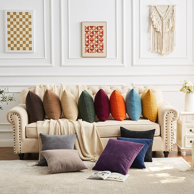 GAWAMAY Decorative Square 16x16 Inch Throw Pillow Covers Set of 2, Super Soft Chenille Pillows Farmhouse Fall Pillowcase for Living Room Bedroom Sofa Couch Cushion Cover Coffee 40x40cm (No Inserts)