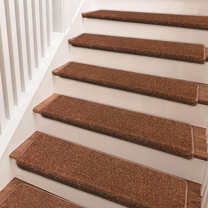 PURE ERA Bullnose Carpet Stair Treads Set Tape Free Non-Slip Indoor Stair Protectors Pet Friendly Rugs Covers Soft Skid Resistant Washable Reusable 9.5" x 30"(7 Pieces,Brown)