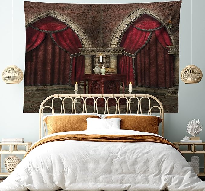 Ambesonne Gothic Tapestry, Mysterious Dark Room in Castle Pillars Candles Atmosphere Pattern, Fabric Wall Hanging Decor for Bedroom Living Room Dorm, 45" X 30", Red Black