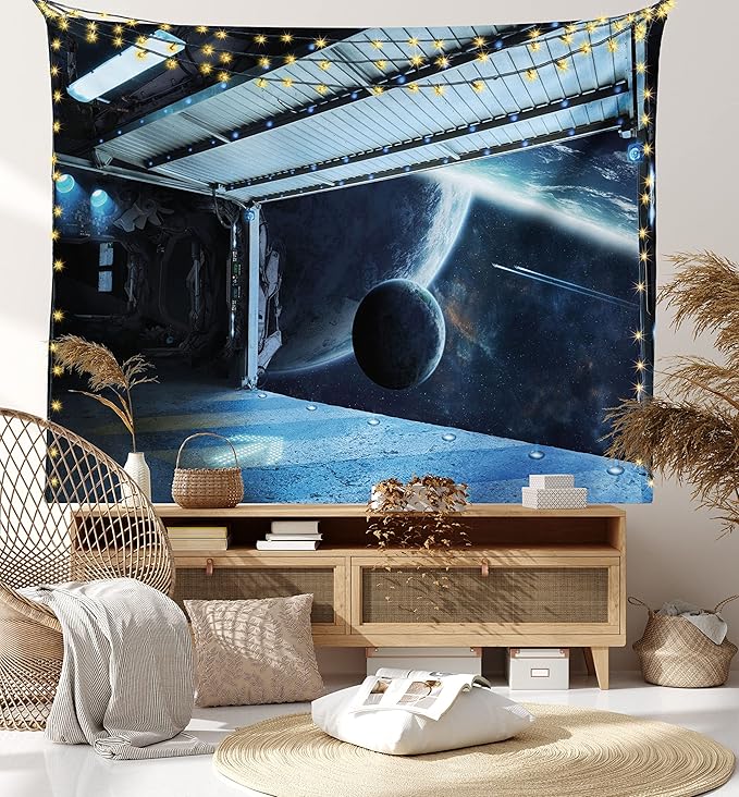 Ambesonne Outer Space Tapestry, Moon Before Station Planet Apocalypse Landing Alternative Humanoid Robots Print, Fabric Wall Hanging Decor for Bedroom Living Room Dorm, 45" X 30", Night Blue