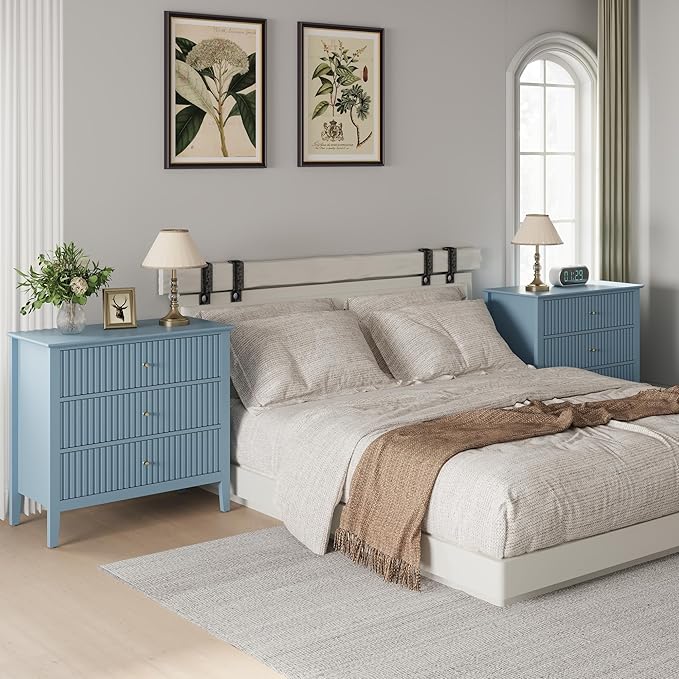 Large Muted Blue 3 Drawer Dresser, Painted 30 Inch Tall Wood Nightstand with Storage, Wide Modern Chest of Drawers with Ball Bearing Slide for Bedroom Hallway Living Room Entryway Office
