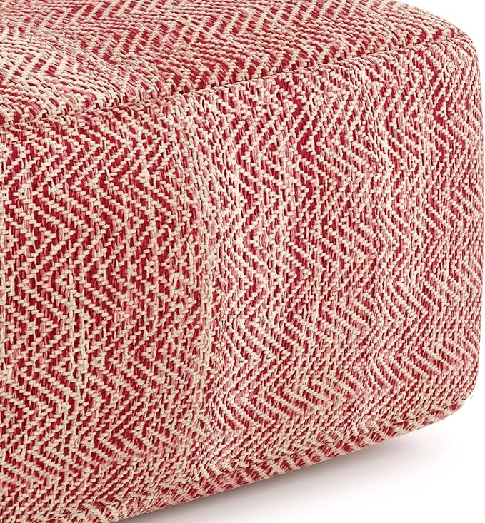 SIMPLIHOME Nate Square Pouf - 20 inch Wide Upholstered Handwoven Cotton Ottoman in Patterned Maroon Melange, Boho Footstool or Extra Seating for Living Room with Artisanal Texture, Assembled