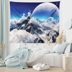 Ambesonne Fantasy Tapestry King Size, Celestial View of Snow Capped Mountains and Alien Planet Print, Wall Hanging Bedspread Bed Cover Wall Decor, 104" X 88", White and Navy Blue