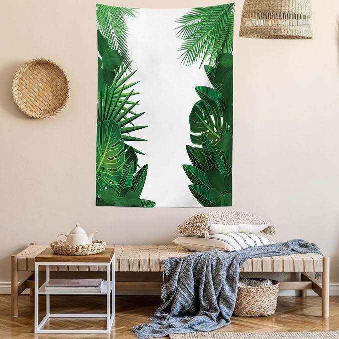 Ambesonne Leaf Tapestry Twin Size, Exotic Fantasy Hawaiian Tropical Palm Leaves Floral Graphic Art Print, Wall Hanging Bedspread Bed Cover Wall Decor, 68" X 88", Green White