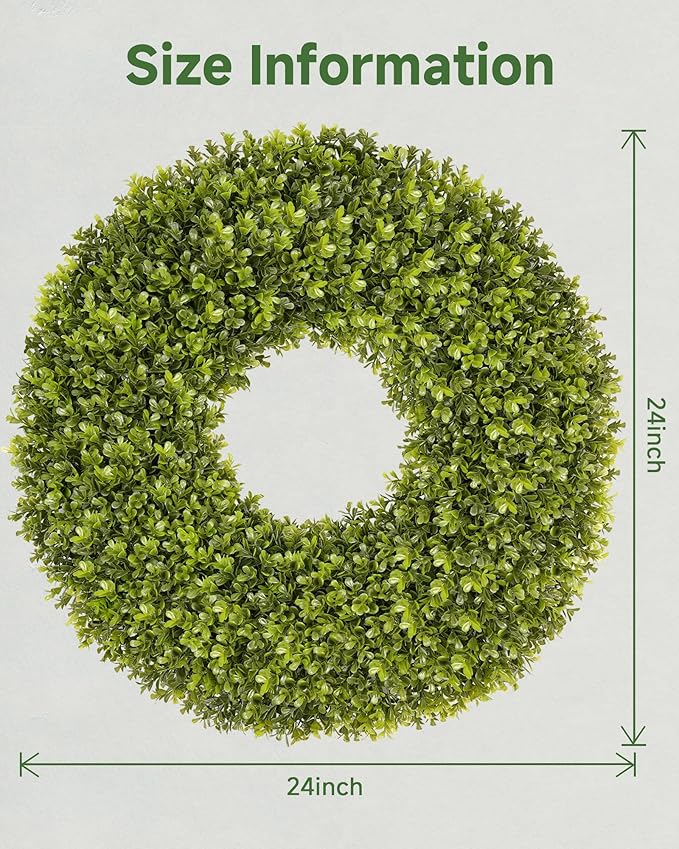 DDHS 24''Boxwood Wreaths for Front Door，Artificial Spring Wreaths for Farmhouse Wedding Green Year Round Indoor Outdoor for Fall Summer Christmas Wreath Home Decorations-Green