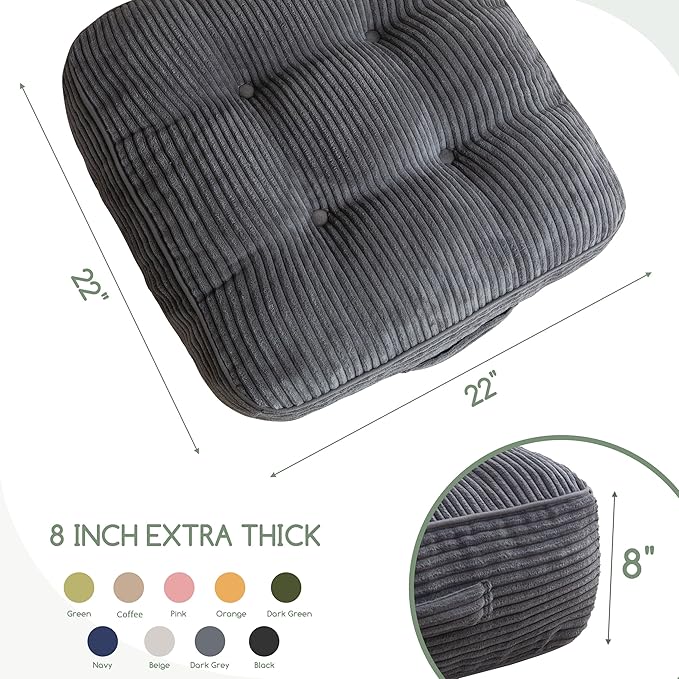 8" Washable Floor Pillow Cushion for Adults, Meditation Cushion Pillow, Large Square Floor Sitting, Removable Tufted Corduroy Cover, for Tatami Living Room or Yoga, 22x22 Inch, 2Pack, Machine Washable
