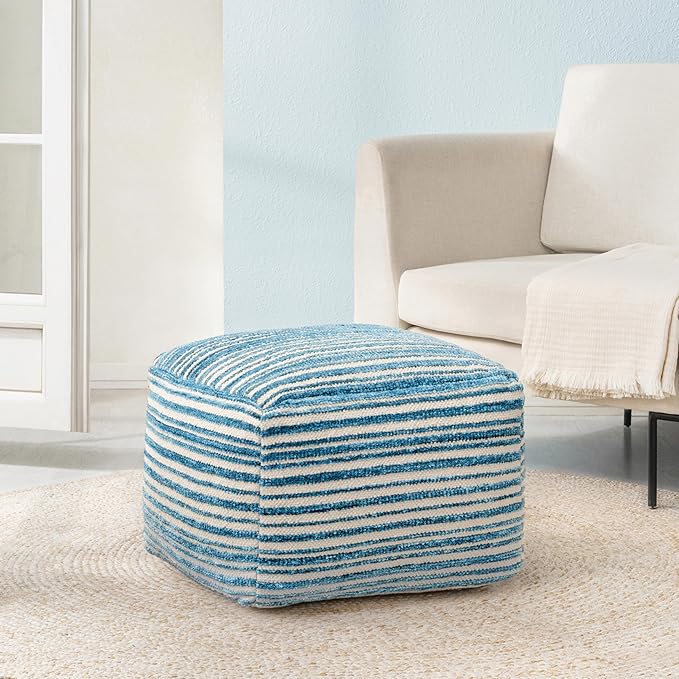 Anji Mountain 100% Handmade & Handcrafted Comfortable Home Décor Pouf Ottoman Footrest for Living Room, Bedroom, Nursery, Kidsroom, Patio Furniture - (22" x 22" x 16" - Blue)