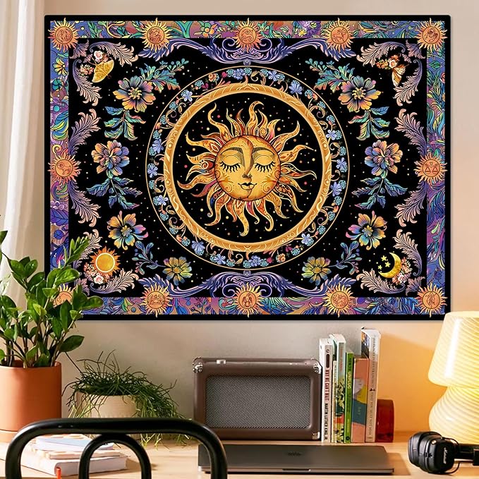 Accnicc Sun and Moon Tapestry Psychedelic Floral Plant Tapestries for Bedroom Aesthetic Hippie Boho Flower Tapestry Wall Hanging for Dorm Living Room (60'' × 44'')