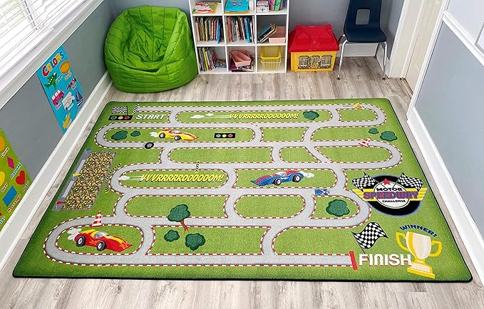 KIDCARPET.COM Race Track Play Mat Rug | Interactive Activity Carpet for Preschool Playroom Toy Car Track, 7'6" x 12'