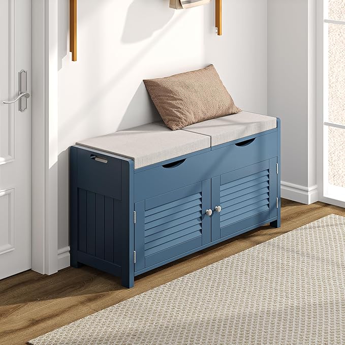 ChooChoo Shoe Storage Bench with Lift Top Storage, Entryway Bench with 2 Cushioned Seats, 3 Compartments, Adjustable Shelf, Shoe Cabinet for Entryway, Bedroom, Living Room, Blue