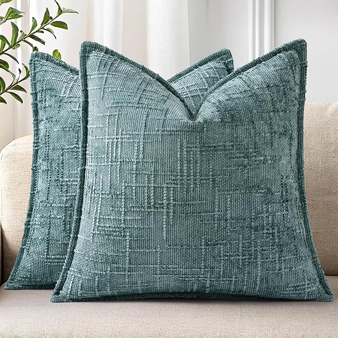 decorUhome Chenille Throw Pillow Covers 24x24 Set of 2, Thick Textured Slubby Neutral Decorative Pillow Covers with Elegant Design for Couch, Sofa, Living Room, Teal