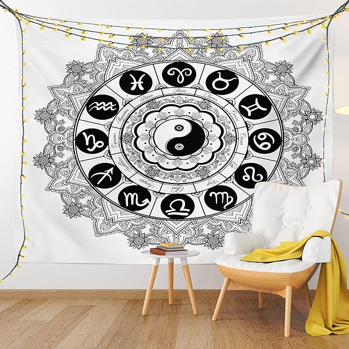 Ambesonne Ying Yang Tapestry, Round Zodiac Theme Design in Centre Astrology Signs Print, Fabric Wall Hanging Decor for Bedroom Living Room Dorm, 28" X 23", White Black