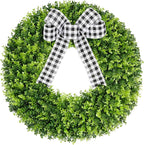 Vlorart 28" Faux Round Boxwood Wreath, Artificial Large Boxwood Wreath Front Door Wreaths Artificial Spring Summer Greenery Hanging with A Plaid Bow for Villa Wall Hanging Window Wedding Party Decor