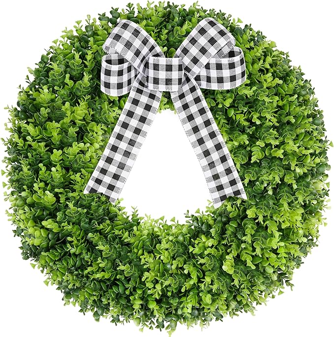 Vlorart 28" Faux Round Boxwood Wreath, Artificial Large Boxwood Wreath Front Door Wreaths Artificial Spring Summer Greenery Hanging with A Plaid Bow for Villa Wall Hanging Window Wedding Party Decor