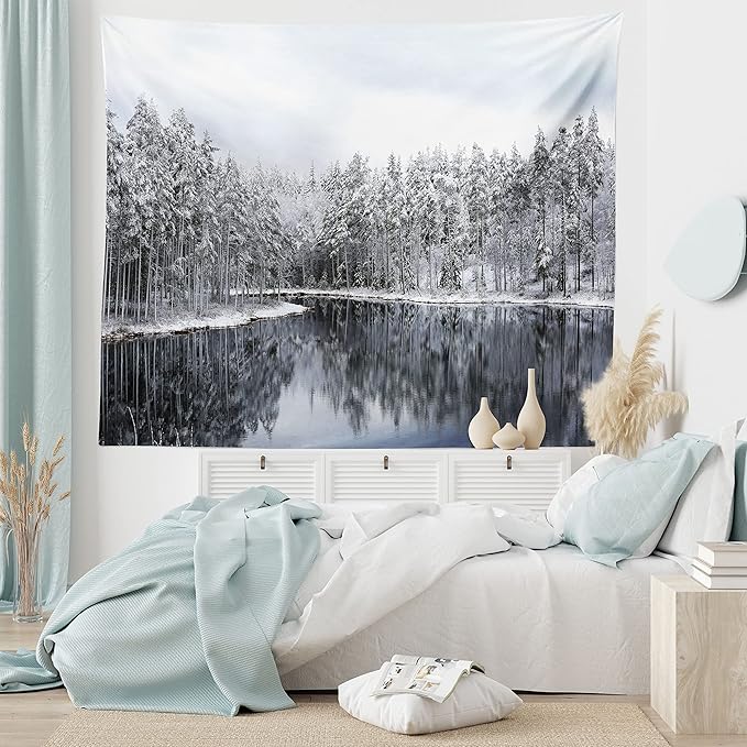Ambesonne Woodland Tapestry King Size, Lake Surrounded by Snow Covered Trees on a Cold Winter Day in Finland Reflections, Wall Hanging Bedspread Bed Cover Wall Decor, 104" X 88", White Brown