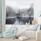 Ambesonne Woodland Tapestry King Size, Lake Surrounded by Snow Covered Trees on a Cold Winter Day in Finland Reflections, Wall Hanging Bedspread Bed Cover Wall Decor, 104" X 88", White Brown
