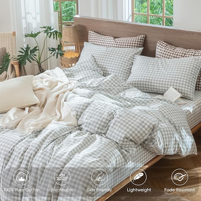 MooMee Gingham Duvet Cover Set 100% Washed Cotton Linen Like Textured Breathable Durable Soft Comfy Modern Checkered Design (Northern Droplet Grey Gingham, Super King 108"x98")