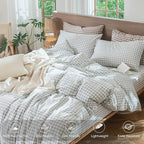 MooMee Gingham Duvet Cover Set 100% Washed Cotton Linen Like Textured Breathable Durable Soft Comfy Modern Checkered Design (Northern Droplet Grey Gingham, Super King 108"x98")