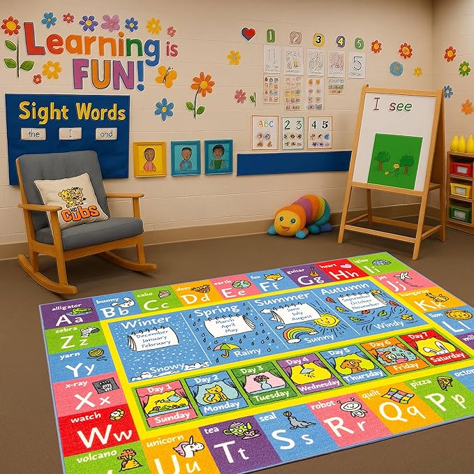 KC Cubs 5x7 ABC Alphabet, Seasons, Months & Days Rug – Educational Play Mat Carpet for Kids, Toddlers, Nursery, Classroom, Playroom, Baby Daycare