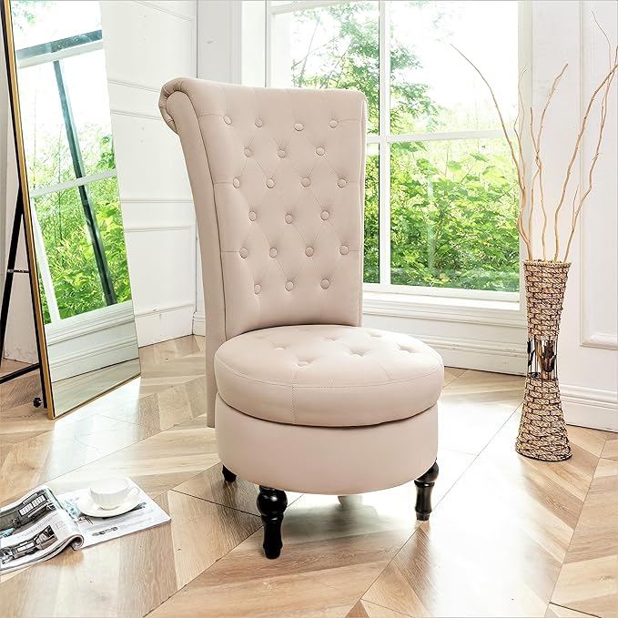 Royal High-Back Velvet Accent Chair for Vanity with Storage and Luxurious Upholstery, Retro Design and Versatile Usage for Living Room, Bedroom, Lounge and Office, Ivory