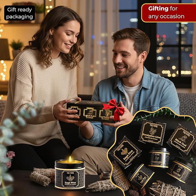 Candle Gift Set of 3 Black Oud|Sage Pine|Eucalyptus Lime Strong Scented Soy Candels Clean Non Toxic Velas Aromáticas Favors for Women Coworkers Friends Guests Also for Fall Diwali Christmas Holidays