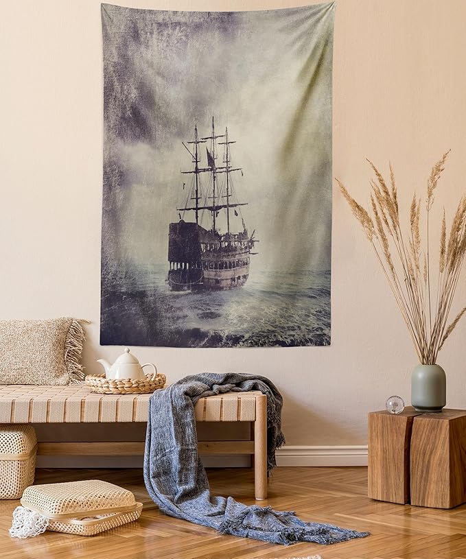 Ambesonne Nautical Tapestry Queen Size, Old Pirate Ship in the Sea Historical Cruise Retro Voyage Grunge Style Art, Wall Hanging Bedspread Bed Cover Wall Decor, 88" X 88", Tan Plum