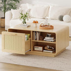 LIKIMIO 39.4" Rattan Coffee Table with Storage Drawers, Safety Curved Corners & 4-Tier Adjustable Shelves, Sturdy Base, Wood Center Table for Living Room, Natural