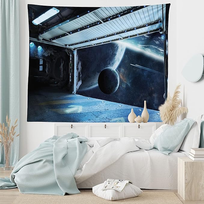 Ambesonne Outer Space Tapestry, Moon Before Station Planet Apocalypse Landing Alternative Humanoid Robots Print, Fabric Wall Hanging Decor for Bedroom Living Room Dorm, 28" X 23", Night Blue