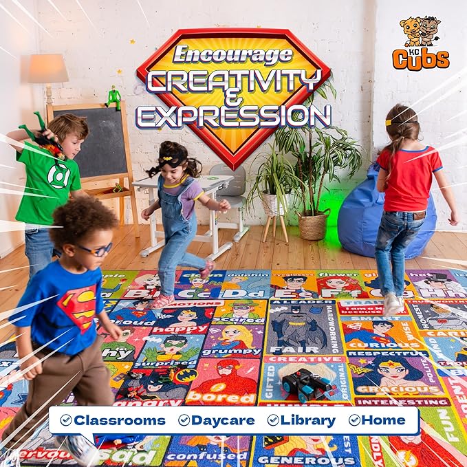 DC Super Friends Educational Kids Rug – ABC Alphabet, Emotions & Hero Traits Learning Mat – Social Skills Classroom, Playroom & Bedroom Carpet 8x10