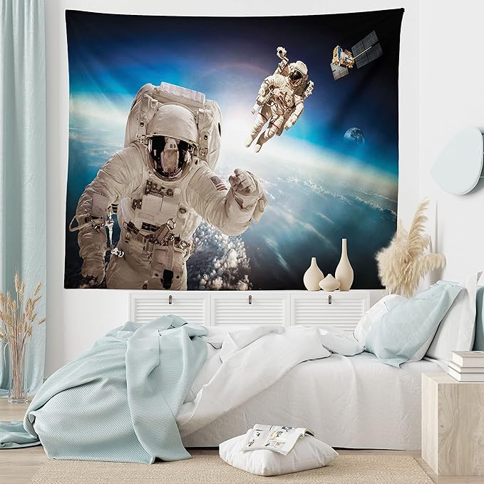 Ambesonne Outer Space Tapestry, Cosmonaut Crew in Universe Astronomy Atmosphere Astral Journey Inspired Image, Fabric Wall Hanging Decor for Bedroom Living Room Dorm, 45" X 30", Beige Blue