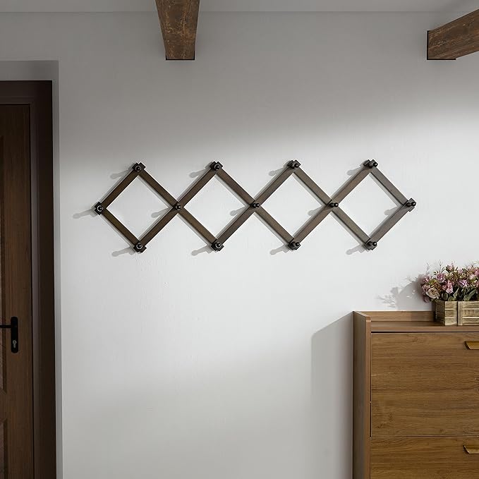 Dseap Accordion Wall Hanger:16'' High Wooden Wall Expandable Coat Rack,Hat Rack Holder,Accordion Hook for Baseball Caps,Coats,13 Peg Hooks,Dark Walnut