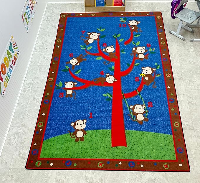 KIDCARPET.COM Ten Little Monkeys Rectangle Classroom Rug | Bordered Area Rug for Preschool Daycare Learning, 7'6" x 12'