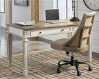 Signature Design by Ashley Realyn Farmhouse Home Office Desk, 2 Drawers, Drop-down Drawer, USB Charging, Wood, 60" W x 28" D x 31" H, Chipped White and Brown