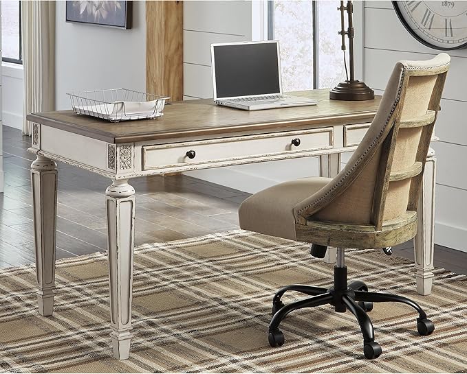 Signature Design by Ashley Realyn Farmhouse Home Office Desk, 2 Drawers, Drop-down Drawer, USB Charging, Wood, 60" W x 28" D x 31" H, Chipped White and Brown