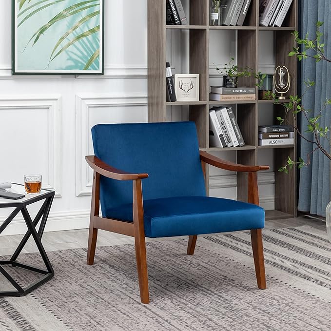 Accent Chair with Velvet Upholstery and Solid Wood Frame, Classic Mid-Century Modern Living Room Furniture for Extra Seating, Dark Blue