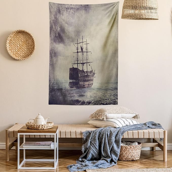 Ambesonne Nautical Tapestry, Old Pirate Ship in the Sea Historical Cruise Retro Voyage Grunge Style Art, Fabric Wall Hanging Decor for Bedroom Living Room Dorm, 30" X 45", Tan Plum