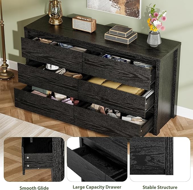 GarveeHome 6 Drawer Dresser for Bedroom, Wide Wood Chest of Drawers Handle Free, Large Modern Dresser Storage Cabinet for Living Room, Hallway Entryway