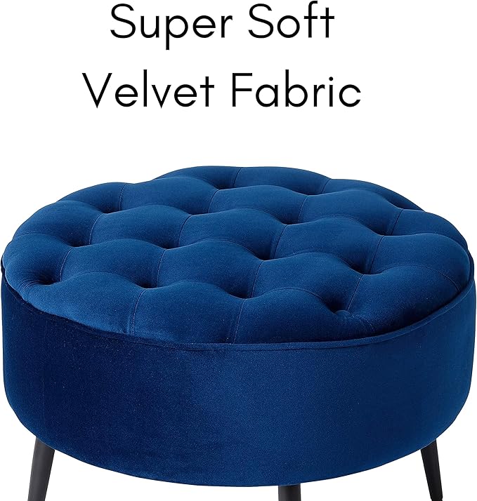 BIRDROCK HOME Tufted Round Ottoman - Velvet Footrest with Cushion and Mid-Century Modern Steel Legs - Ideal for Living Room, Bedroom, or Office Seating - Soft, Compact Decorative Footstool - Navy