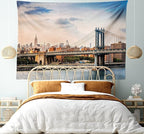 Ambesonne New York Tapestry King Size, Manhattan Bridge and the New York Skyline at Sunset East River Highrise Buildings, Wall Hanging Bedspread Bed Cover Wall Decor, 104" X 88", Camel Blue