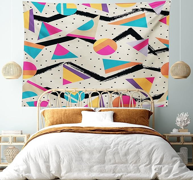 Ambesonne Indie Tapestry King Size, Eighties Memphis Fashion Style Geometric Abstract Colorful Design Dots Funky, Wall Hanging Bedspread Bed Cover Wall Decor, 104" X 88", Cream Pink