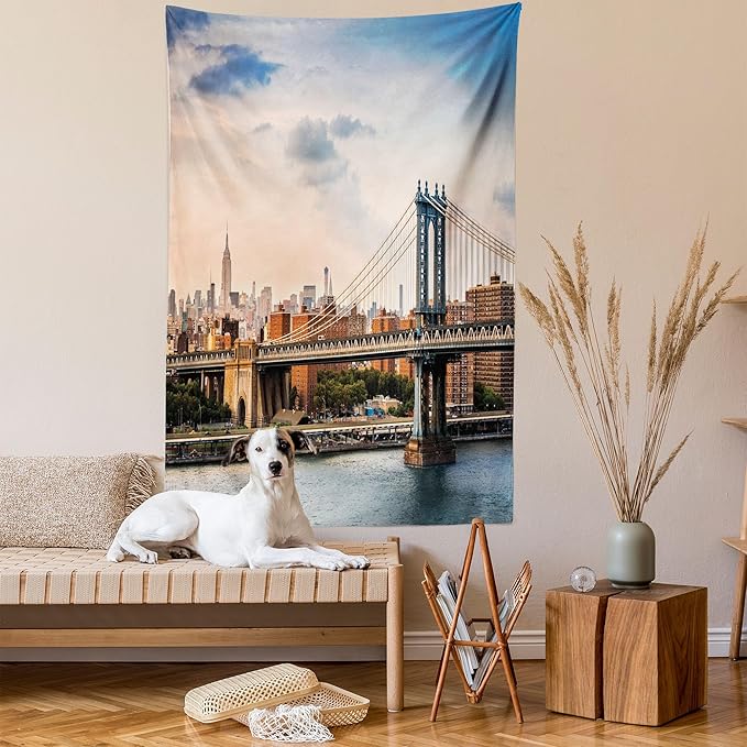Ambesonne New York Tapestry Twin Size, Manhattan Bridge and the New York Skyline at Sunset East River Highrise Buildings, Wall Hanging Bedspread Bed Cover Wall Decor, 68" X 88", Camel Blue