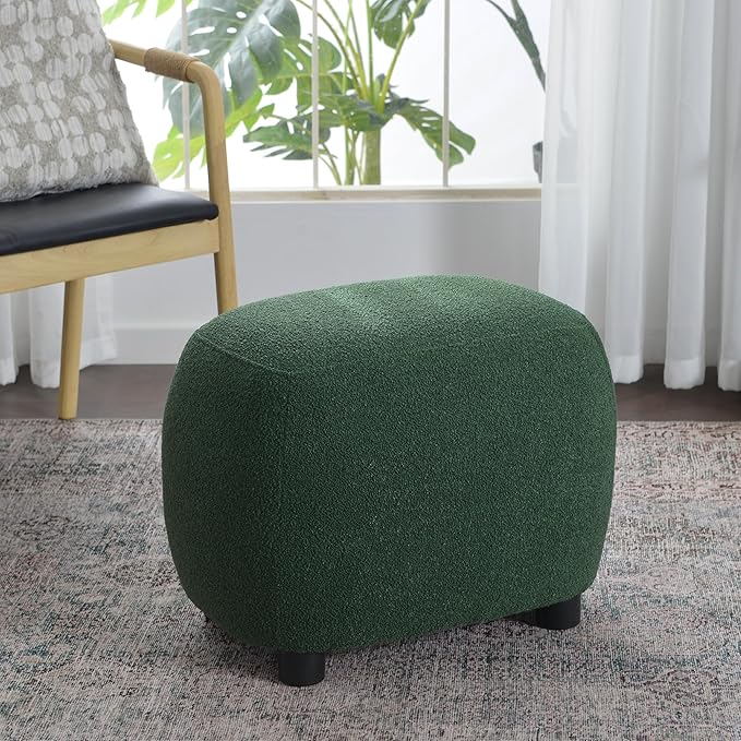 KINWELL Round Boucle Upholstered Ottoman Chair, Footstool with Soft Padded Seat, Fully Assembled Modern Sofa Couch Footrest, Extra Seating for Bedroom Entryway,Green(18.5" D x 23" W x 16.5" H)