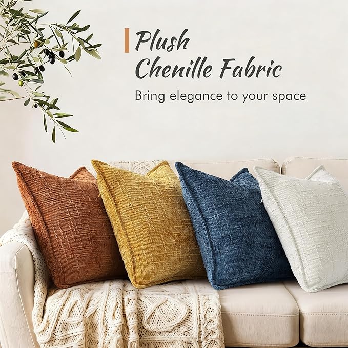 decorUhome Chenille Throw Pillow Covers 22x22 Set of 2, Thick Textured Slubby Neutral Decorative Pillow Covers with Elegant Design for Couch, Sofa, Living Room, Rust